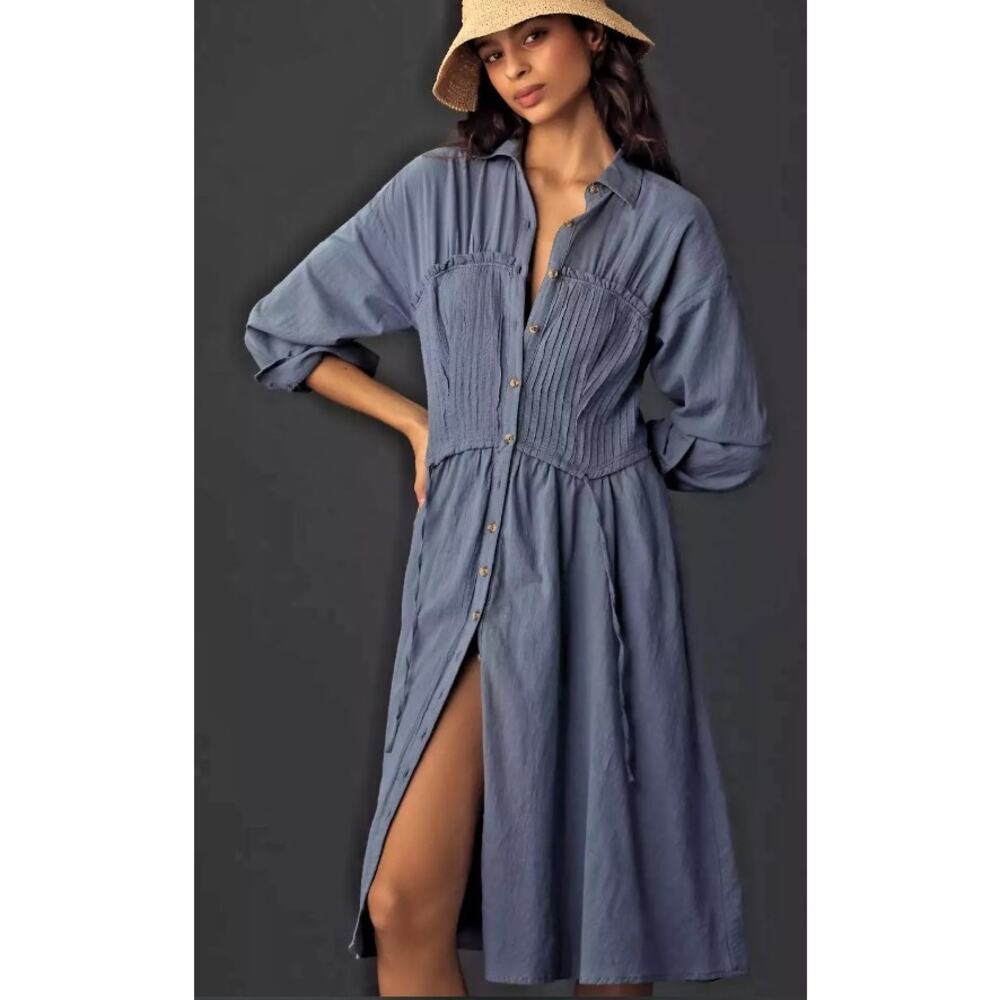 Anthropologie PILCRO Blue Corset Midi Shirt Dress Size XS